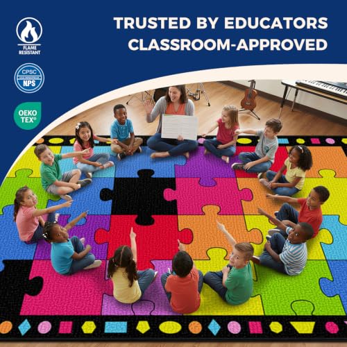 Image of Booooom Jackson Colorful Rainbow Classroom Rug - 7'6 inch x 13'1 inch Large Carpet with 24 Spots for Preschool, Elementary, Daycare - Non-Slip Backing, Seating Squares for Circle Time & Reading