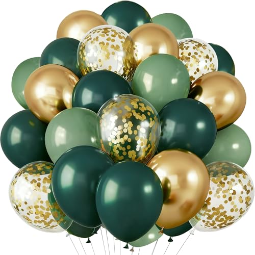 Ballons Anniversaire Vert Doré, 60 Pièces Hélium Ballons Vert Foncé Métallisé Or avec Confettis Or Latex Ballon, Décorations Fête pour Anniversaire...
