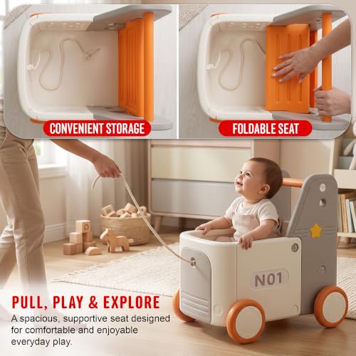 Image of Baybee 4 in 1 Baby Push Walker & Shopping Cart for Kids, Convertible Ride-On Toy, Pull Cart & Toy Organizer, Storage Compartments, Secure Rope Grip, Smooth Wheels & Rounded Edges | Walking Support for 0-3 Years (Orange)