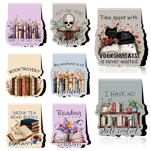 Wxiben Marcapáginas magnético para regalo – 8 marcadores magnéticos para amantes de los libros, imanes de marca de libros, diseño de gato, flores, marcapáginas vintage, marcadores de página, clip para