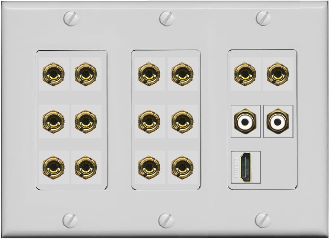 RiteAV 7.2 Surround Sound 7 Speaker 14 Banana Plug Jack Wall Plate w/ 2 RCA Subwoofer + 1 HDMI Female Connectors - 3 Gang [Black]