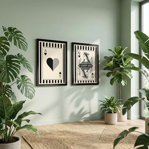 Image of NoWorries Ace & Queen of Hearts Playing Card Wall Art Set of 2, Black and White Casino Decor, Framed Poker Room Wall Decor, Minimalist Playing Card Prints, Modern Game Room Artwork for Living Room (Art-14, 13x19inch)