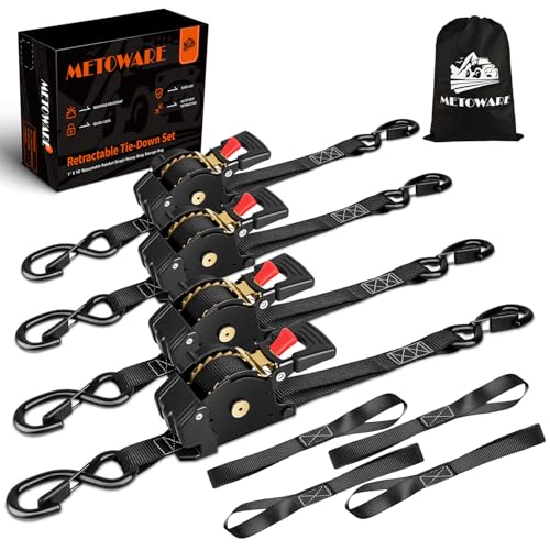 Image of METOWARE Retractable Ratchet Straps (4-Pack) - 1 inch x 10' (1500lb Break Strength) - Heavy Duty Auto Self Retracting Tie Down Straps for Truck, Trailer, Cargo Van, Motorcycle - Black