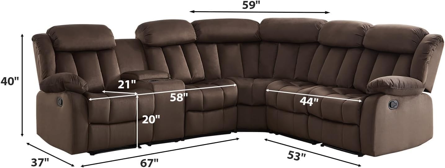 EBELLO Manual Reclining L-Shaped Sectional Sofa Set, Soft Fabric Corner Couch with Center Console, Cup Holders and Storage – Perfect Living Room Home Set Furniture
