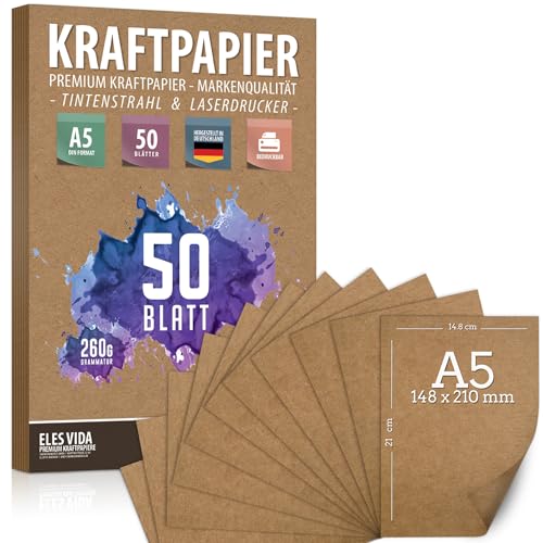 50 Blatt Kraftpapier A5 Set - 260 g - 14,8 x 21 cm - DIN Format - Bastelpapier & Naturkarton Pappe Blätter aus Kraftkarton zum Drucken, Kartonpapier Basteln für Vintage Hochzeit Geschenke Etiketten