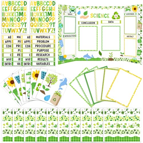 Funrous 48 Pcs Science Fair Board Supplies Science Fair Posters Theme Decoration Include Self Adhesive Project Titles Letter Sticker Blank Poster Border Pattern for Classroom Office Decor