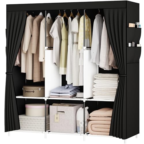 SMILOVII Canvas Wardrobe, Portable wardrobe, Clothes Storage Organiser with Shelves and 3 Hanging Rail, Stylish Clothing Wardrobe with Canvas wardrobes for bedroom - Black
