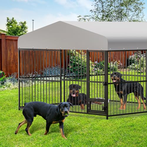 Large Outdoor Dog Kennel with Waterproof Cover, Large Dog House with Feeding Doors, Heavy Duty Dog Enclosures for Garden Backyard Courtyard（10×10×7FT）