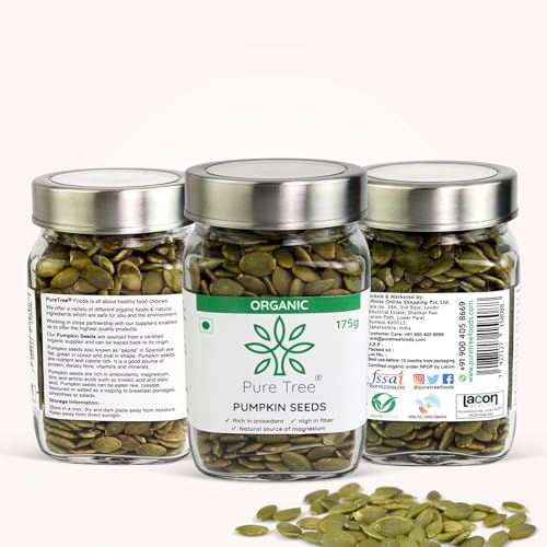 Image of Pure Tree Certified Organic Pumpkin Seeds | 175 g | Glass Jar | Kaddu ke Beej | Seeds for Eating Good Source Of Omega 3 | Raw Pumpkin Seeds Superfood