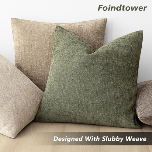 Image of Foindtower Pack of 2 Soft Textured Chenille Throw Decorative Pillow Cover Square Accent Solid Cushion Cover Cozy Neutral Farmhouse Pillow Case for Couch Sofa Bedroom Living Room 24x24 Inch,Olive Green