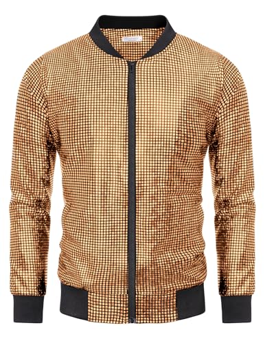 COOFANDY Men's Metallic Jacket 70s Disco Party Varsity Jacket Zip-up Baseball Bomber