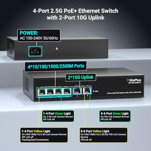 Image of 6 Ports 10Gb Unmanaged PoE Ethernet Switch with 4*2.5G Base-T PoE Ports, 2*10G RJ45 Ports. 60Gbps Switching Capacity, GiGaPlus 10Gbps Network Switch for 2.5G /10Gbps NAS /PC, WiFi6 Router, Wireless AP