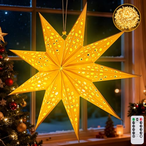 Papiersterne zum Aufhängen,50cm LED Papierstern Beleuchtet zum Aufhängen,Weihnachten mit Timer und 8 Beleuchtungsmodi,Weihnachtsstern Beleuchtet,Papierstern Weihnachten,Sterne Papier zum Fensterdeko