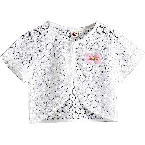 Little Girls' Short Sleeve Lace Bolero Cardigan Shrug Dress Cover up 2-10 Years (White 4, 3-4T)