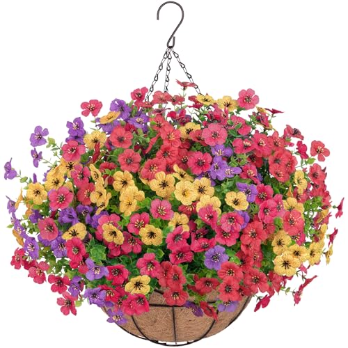 Image of Bassion Artificial Hanging Silk Flowers for Outdoors with Basket, Mixed | Fake hanging plants with basket, silk daisy flowers, UV resistan, for porch balcony patio home spring summer decoration