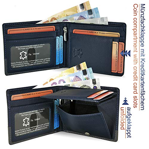 Fa.Volmer ® Portfel skórzany z prawdziwej skóry format poziomy z ochroną RFID Manhattan seria #MW114, niebieski granatowy / szary, 9,4 x 11,4 x 1,3 cm, Nowoczesny