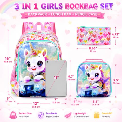 Image of HPJGD 3PCS Girls Unicorn Backpack Set, Kids Off-Roading Bookbag Set for Girls with Lunch Box, Cute Water Resistant Elementary School Bag for Preschool Toddler - Pink Unicorn Off-Roading