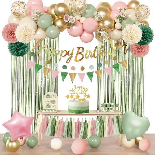 Image of Pink Sage Green Birthday Party Decorations kits for Girls Women with Happy Birthday Banner, Fringe Curtain,Foil Balloons,Tissue Pompoms,Dots Garland,Tassels Garland,Cake Topper for birthday decor