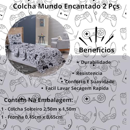 Colcha Cobre Leito Jogo Roupa Cama Solteiro 2 Peças Matelado Quarto Criança Infantil Fronha Game Bra