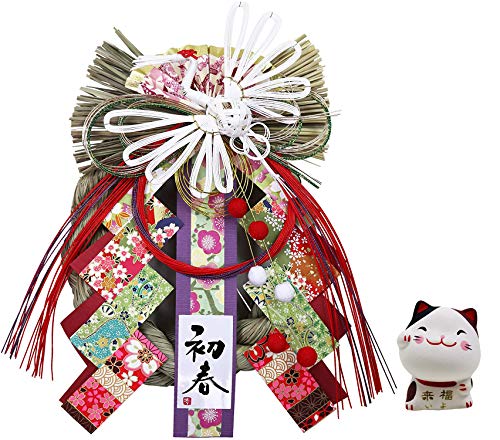 大阪 長生堂 しめ縄 正月飾り おしゃれ 玄関 注連縄 しめ飾り 鶴春リース おみくじ招き猫付オリジナルセット