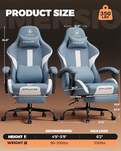 Image of GTPLAYER Gaming Chair with Foot Rest & Pocket Spring Cushion, Ergonomic High Back Computer Desk Chair with Headrest & Lumbar Support for Back Pain Relief, Breathable Fabric, Blue