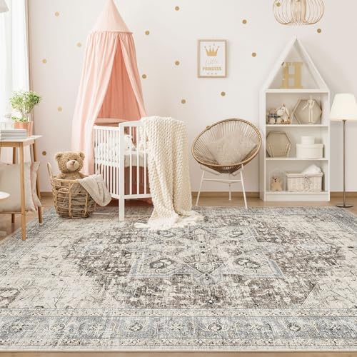 Tortania Area Rug Living Room Rugs - 8x10 Washable Boho Rug Vintage Oriental Distressed Farmhouse Large Thin Indoor Carpet for Living Room Bedroom Under Dining Table Home Office - Brown Blue