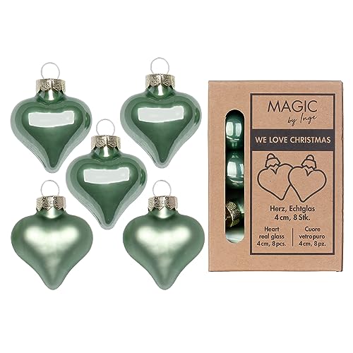 Christbaumschmuck Herzen 4cm Glas 8er Set - Glasherzen zum Aufhängen - Weihnachtsschmuck Weihnachtsbaum Anhänger - Weihnachtskugeln & Weihnachtsbaumschmuck Mild Sage