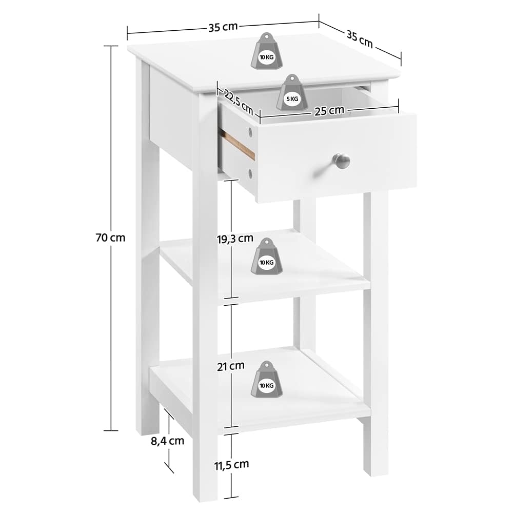 Yaheetech Mesita de Noche Alta Blanca Mesilla de Noche de Madera MDF con 1 Cajón y 2 Estantes Mesa Auxiliar para Sofá Dormitorio 35×35×70cm