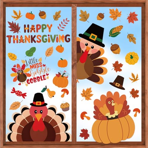Thanksgiving Window Clings for Glass Windows Fall Decor with Turkey Pumpkin
