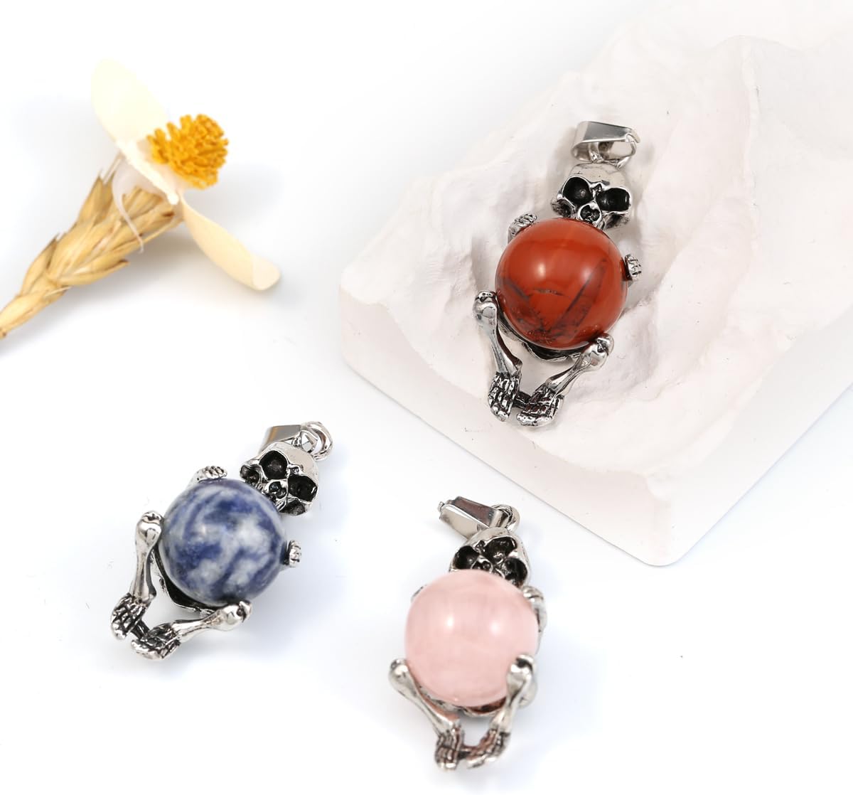 LE SKY 8 Pcs Natural Stone Pendants Unique Skull Shape Healing Crystal Charms for Jewelry Making Necklace - Image 3