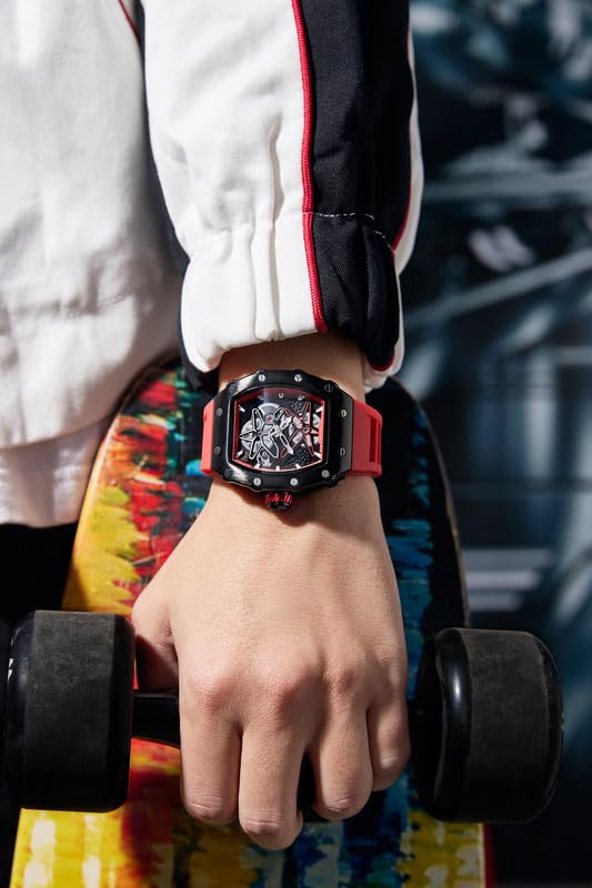 Image of Giordano Analog Skeleton Dial Watch for Men - Tonneau Case, Silicone Strap, Open-Gear Sport Design, Quartz Movement