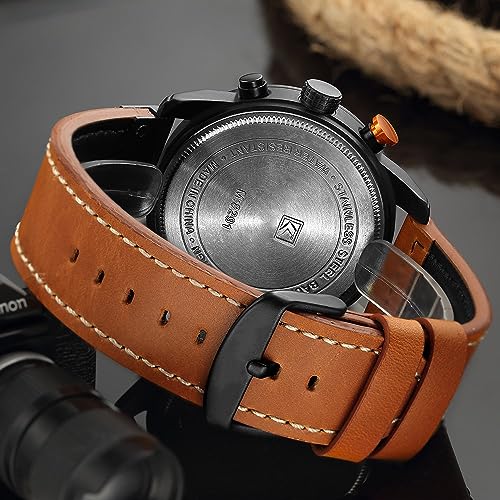 Image of FANMIS Mens Sport Military Analog Quartz Watch Chronograph Classic Casual Business Dress Waterproof Watch Multifunctional Wristwatch with Leather Strap
