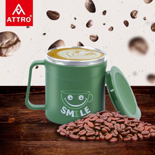 Image of ATTRO Happy Mug Set of 4-Comes with Double Wall Inner Stainless Still & Lid Stylish Cup Ideal for Hot Coffee, Tea - 300ml-Olive Green
