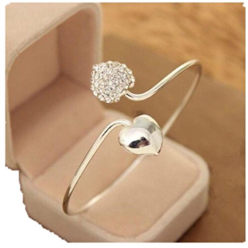 KeyZone Women Girls Copper Plated Crystal Double Heart Bangle Cuff Bracelet Jewelry Gift
