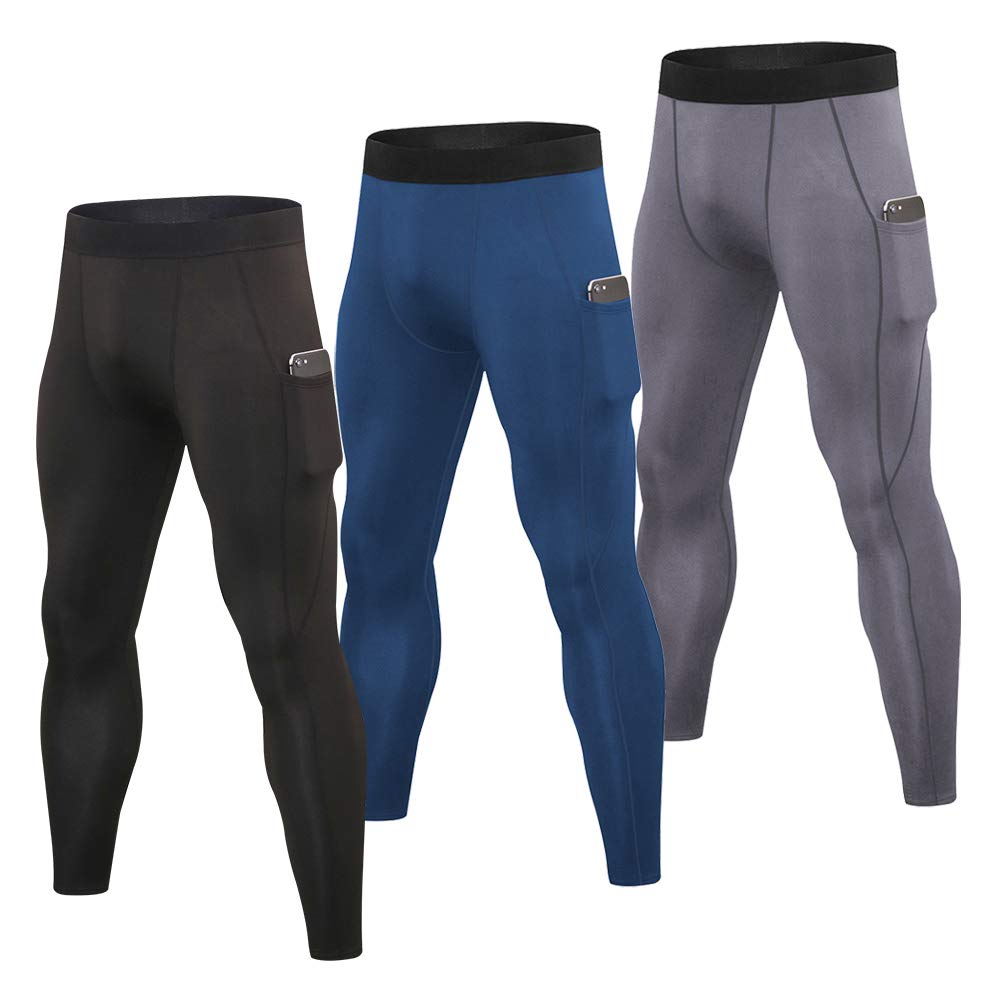 3 Pack Men Tights Running Leggings Gym Fitness Jogging Pants Pocket Workout Training Sport Trousers-image-5