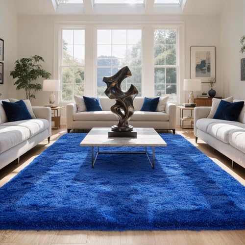 Zentavio Navy Blue Area Rugs for Living Room Boys Rugs for Bedroom 8x10 Large Shag Washable Carpet Soft Furry Fluffy Aesthetic Kids Playroom Rugs for Teen Home Decor