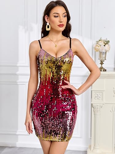 Image of Women's Glitter Sequin Dress Adjustable Spaghetti Strap Fashion Sparkle Party Dresses