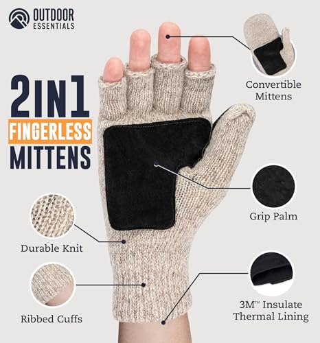 OutdoorEssentials Fingerless Winter Gloves Convertible Mittens for Men & Women - Warm Knit Flip Top Wool Mitten Gloves