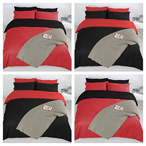 Adam Home 4PCS Complete Reversible Duvet Cover & Fitted Sheet Soft Micro Fiber Bedding Sets by TTO (Red Black, Double)