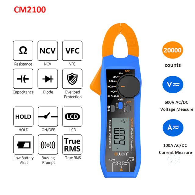 Owon CM2100 Digital AC/DC Clamp Meter Mini Smart Portable Ammeter Voltage Voltmeter 20000 Counts True RMS Clamp Tester