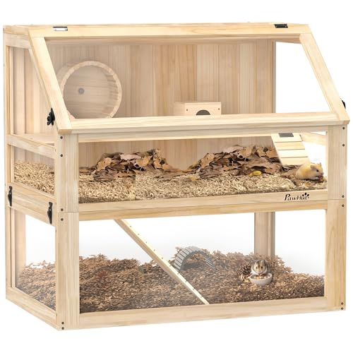 PawHut Cage Hamster en Bois, Cage Rongeur à 3 Niveaux, Base Amovible pour Un Nettoyage Facile, Couvercle ouvrable, cabane, balançoire, Roue d'exercice et rampes, 80 x...