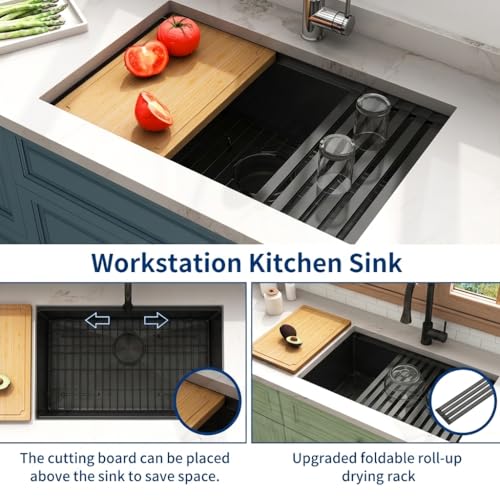 Image of LQS 30 Inch Kitchen Sink, Black Undermount Kitchen Sink, Large Deep Black Workstation Single Bowl Sinks, 16 Gauage T304 Stainless Steel Material, Smart Workstation Ledge With Pratical Accessories