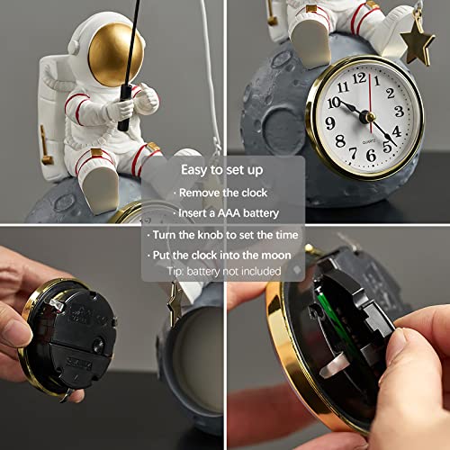 Astronaut Figure Clock For Desktop & Shelf, Battery Operated, Astronaut & Planet Figurine Statue For Office & Kids' Outer Space Themed Bedroom Decor, Decorative Small Table Clock, Fishing Star #TOP3