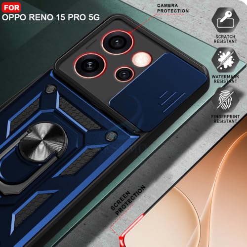Image of AESTMO Tough Armor Oppo Reno 15 Pro 5G Bumper Back Case Cover | Ring Holder & Sliding Camera Shield Cover | 360 Degree Protection Back Case Cover for Oppo Reno 15 Pro 5G (Blue)