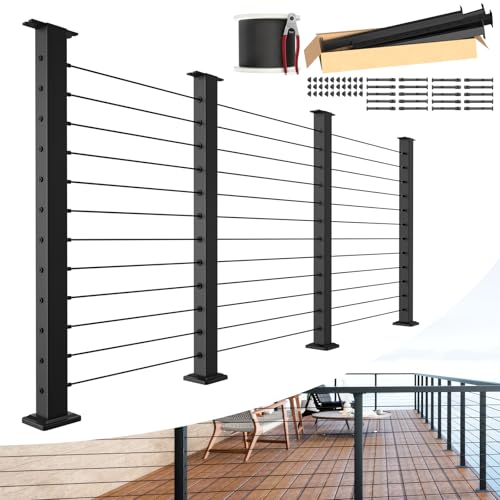 BLIKA 12FT-20FT Complete Set 42\" Cable Railing Post Kit, Black Level Drilled Cable Railing Post, Swageless Cable Railing System Include 4Pack Level Posts, 1/8\" 300FT Stainless Steel Cable(No Handrail)