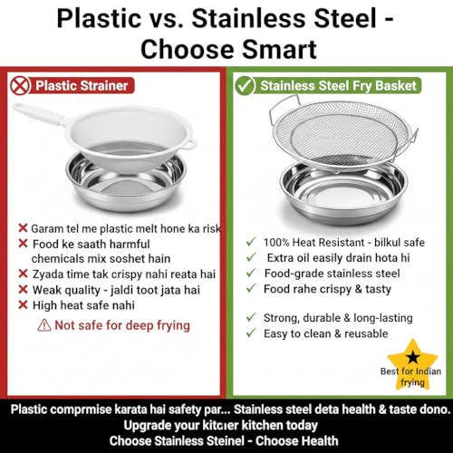 Image of Stainless Steel Oil Filter Tray with Mesh Basket for Frying Pakoda Fries Chicken Fish Oil Strainer Removes Excess Oil for Crispy Non Greasy Food Healthy Cooking Kitchen Essential for Home