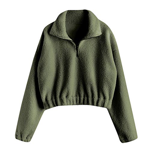 ZAFUL, felpa da donna a maniche lunghe, in pelliccia sintetica, con colletto alto e mezza cerniera verde S