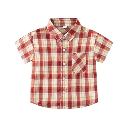 Image of Toddler Kids Boy Summer Short Sleeve Plaid Collared Shirt Basic Tee Button Front Pocket (Red,12 Months)
