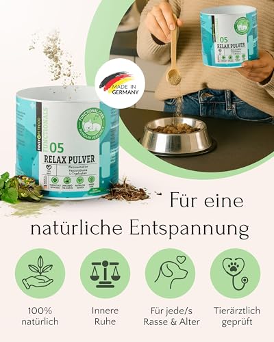 FAVLY – Relax Pulver Beruhigungsmittel für Hunde 250g – getreidefreies Ergänzungsfuttermittel zur natürlichen Beruhigung bei Stress & Angst – mit Melisse, L-Tryptophan & Passionsblume