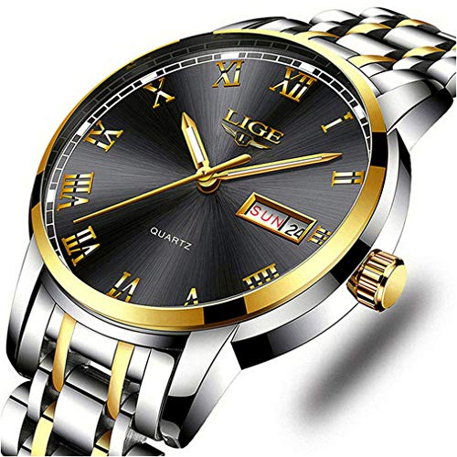 LIGE Mens Watches Fashion Waterproof Stainless Steel Analogue Quartz Watch with Gents Business